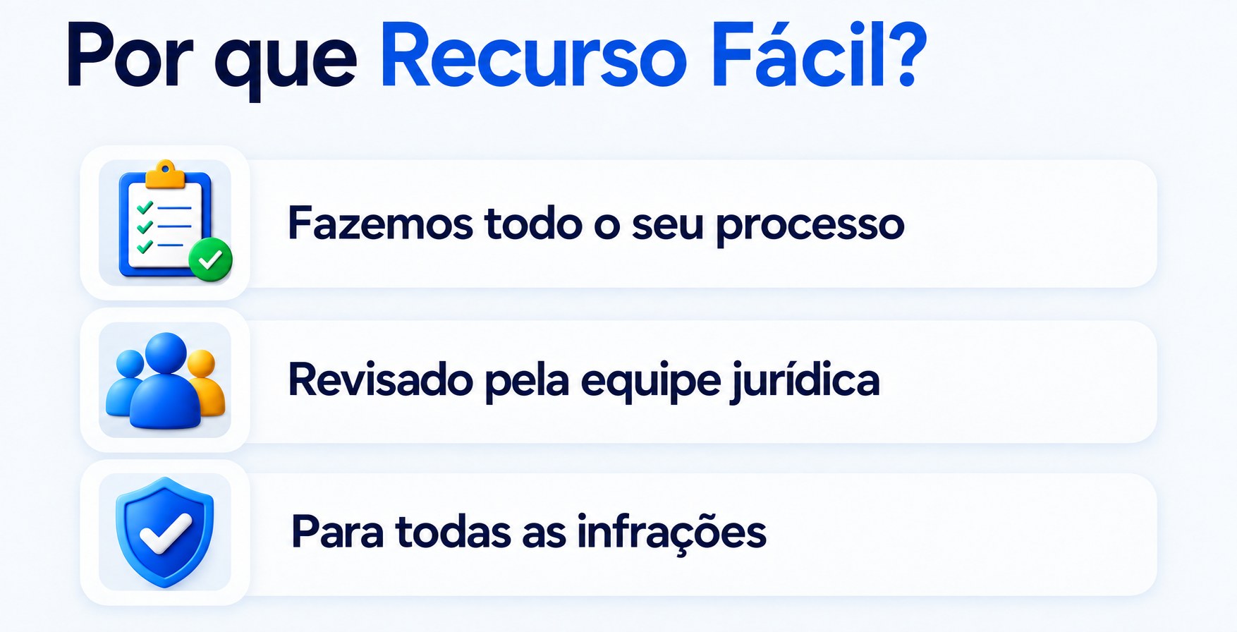 Por que Recurso F�cil? Fazemos todo o seu processo. Revisado pela equipe jur�dica. Para todas as infra��es.